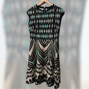 Just Taylor Women's Cap-Sleeve Knit Dress with Teal Black and Cream Ikat/Tribal